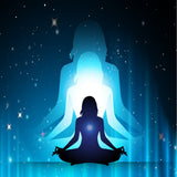 A meditating silhouette against a starry blue background, overlaid with a larger, bright white and blue ethereal shadow, representing spiritual realignment.