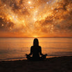 Person meditating on a beach with a vibrant, starry night sky above.