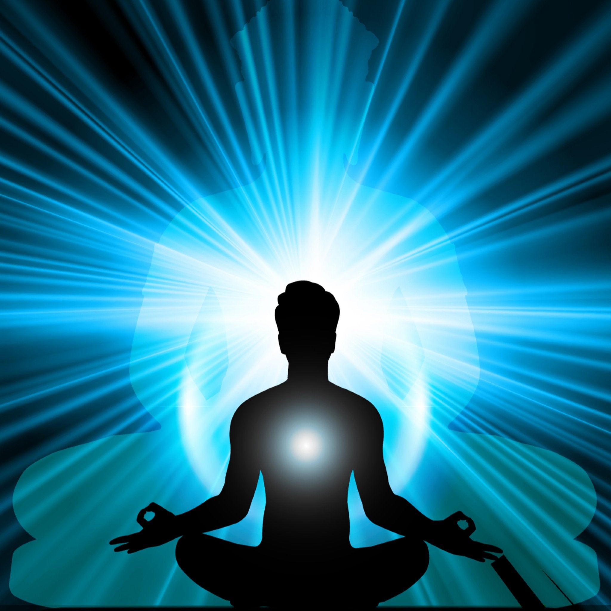 Silhouette of a person meditating with a bright, radiating light source behind them on a blue radiating background.