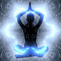 Silhouette of a person in a meditative pose surrounded by blue energy effects against a starry background.