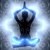Silhouette of a person in a meditative pose surrounded by blue energy effects against a starry background.
