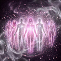 Silhouettes of people with a glowing pink aura against a dark, starry background.