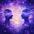 Silhouettes of two faces facing each other with energy flows and a cosmic background.