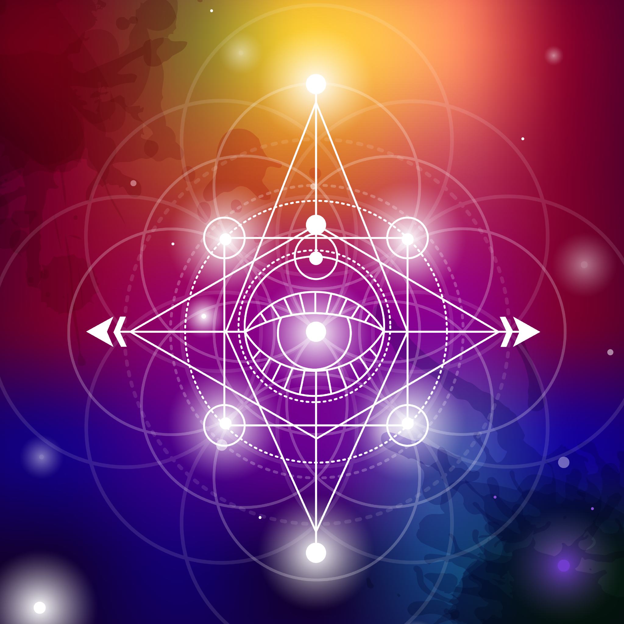 Geometric design with a third eye symbol and a colourful background.