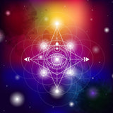 Geometric design with a third eye symbol and a colourful spiritual background.