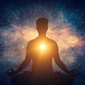 A meditating silhouette with a bright orange sunburst over the Thymus Chakra on their chest, against a starry gold and blue galaxy background.