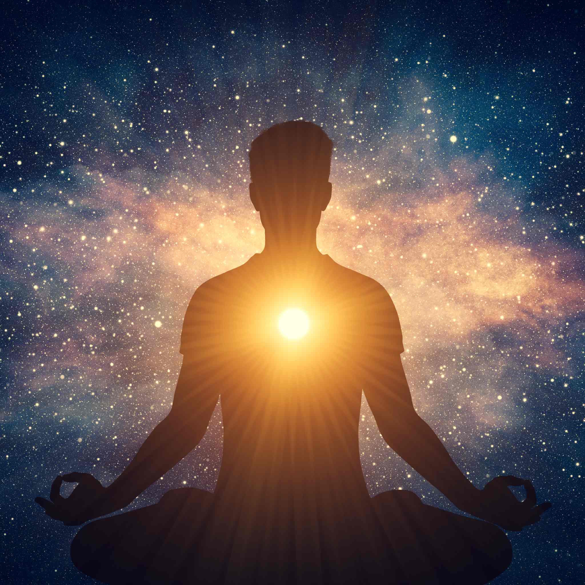 A meditating silhouette with a bright orange sunburst over the Thymus Chakra on their chest, against a starry gold and blue galaxy background.
