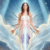 Energetic healing: Woman standing in light with a beam through her core, releasing jagged stress and dark energy.