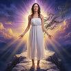 Woman on mountaintop releasing dark energy with violet/gold light: Success Alignment, Opportunity Manifestation.