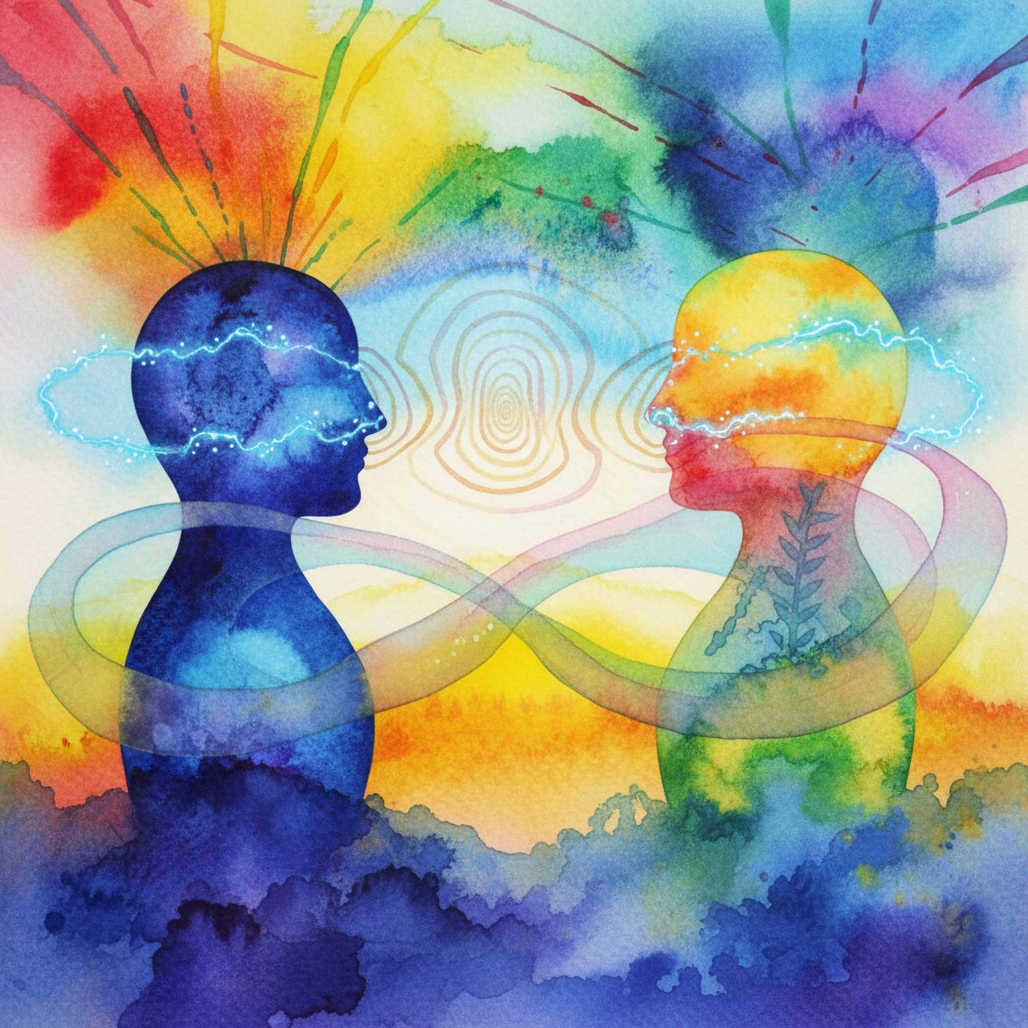 Colorful abstract artwork of two interlocking human figures with a vibrant background.