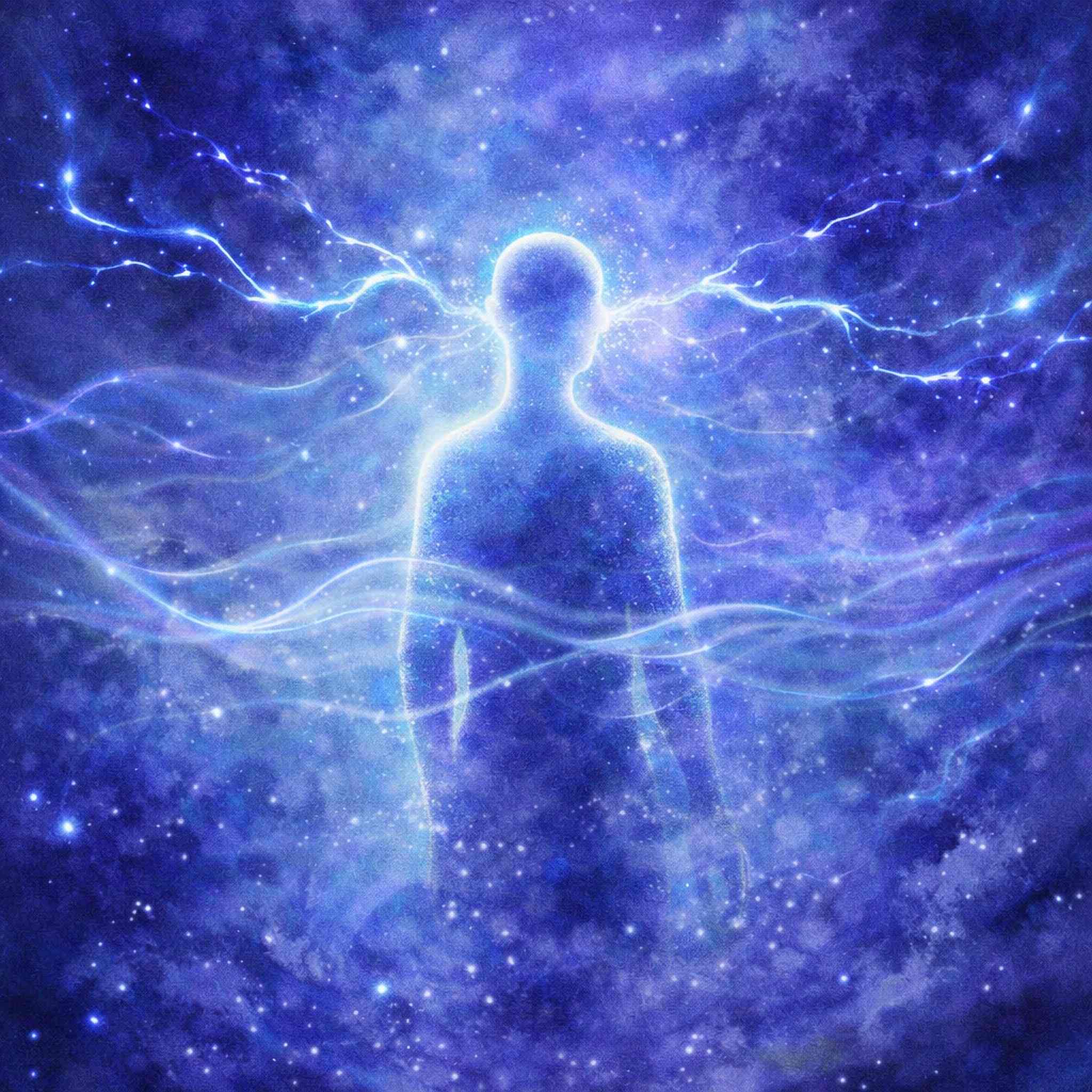 Silhouette of a person with energy lines against a cosmic background.