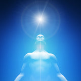Blue-tinged figure with a bright light source above, against a blue background