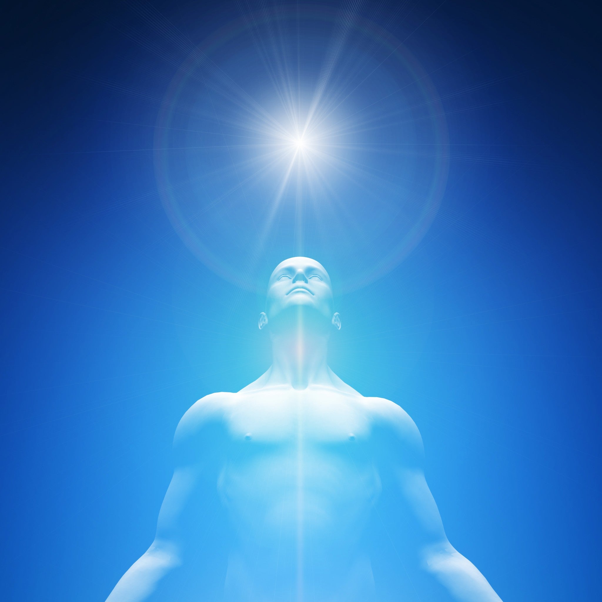 An ethereal human figure in glowing blue light looking towards a bright, star-like light source above, representing spiritual awakening, higher consciousness, and Third Eye integration with divine energy.