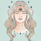 Ultimate Third Eye Abundance Enhancement Treatment: stylised illustration of a woman with long wavy hair and a prominent third eye symbol on her forehead, surrounded by light rays.