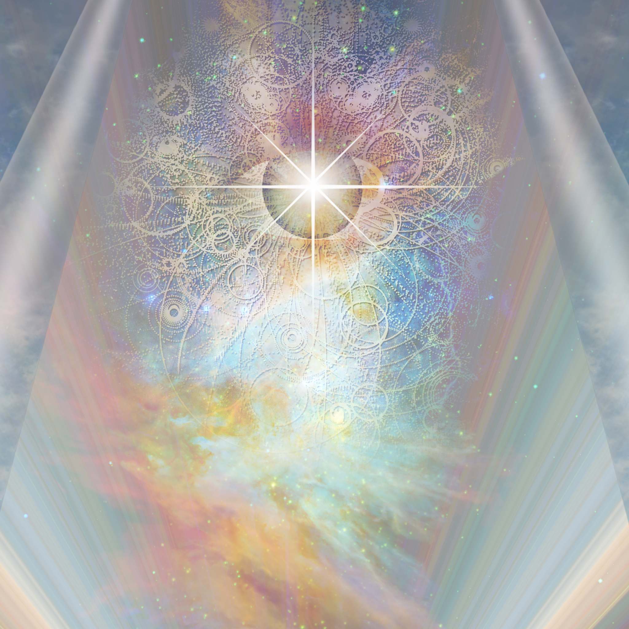 A glowing eye surrounded by intricate white filigree patterns, floating over a colourful nebula, representing third eye Akashic Records enhancement.