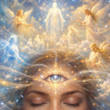 Artistic depiction of a woman's face with a third eye and angels and celestial elements.