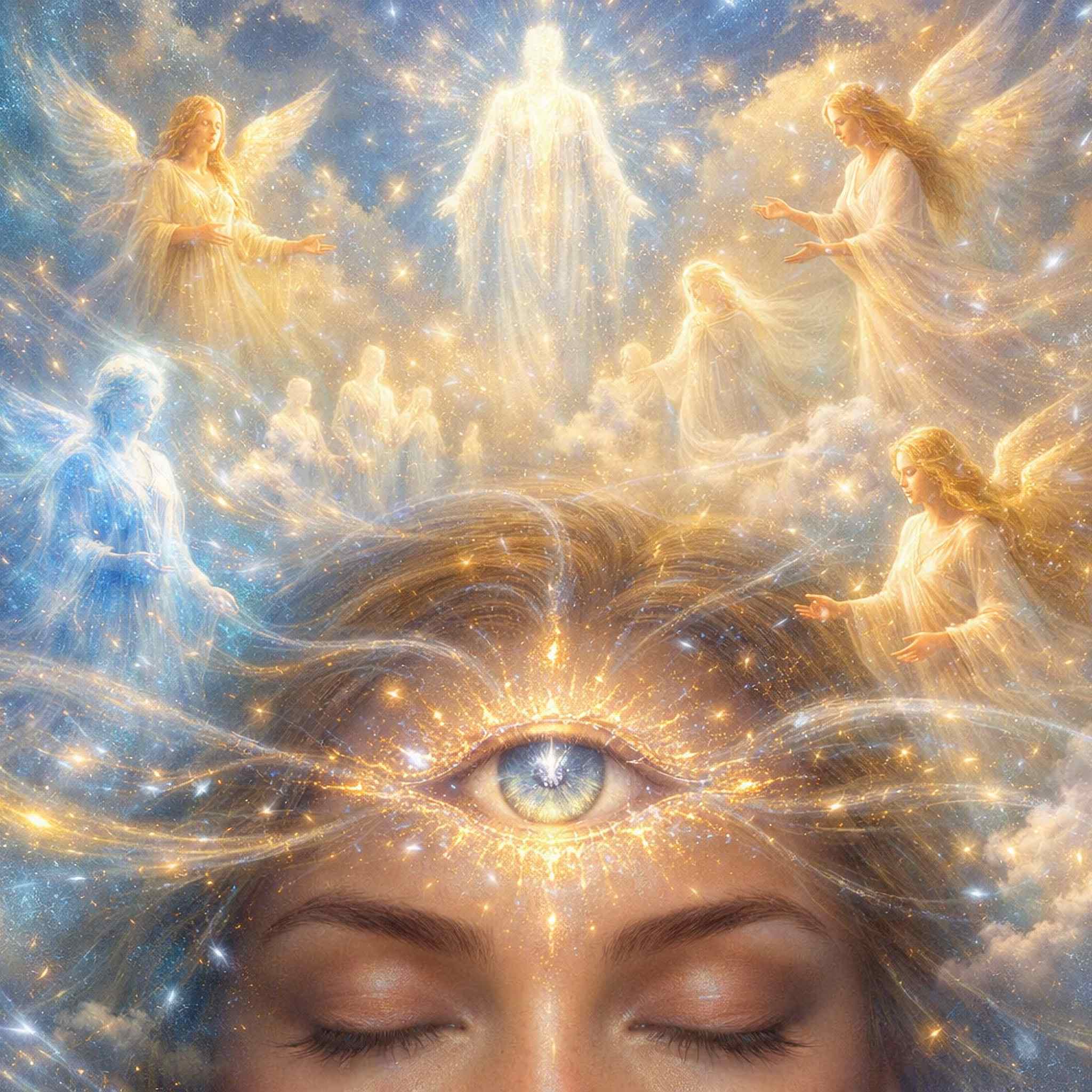 Artistic depiction of a woman's face with a third eye and angels and celestial elements.