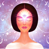 Illustration of a woman's face with an open Third Eye Chakra and a radiant aura.