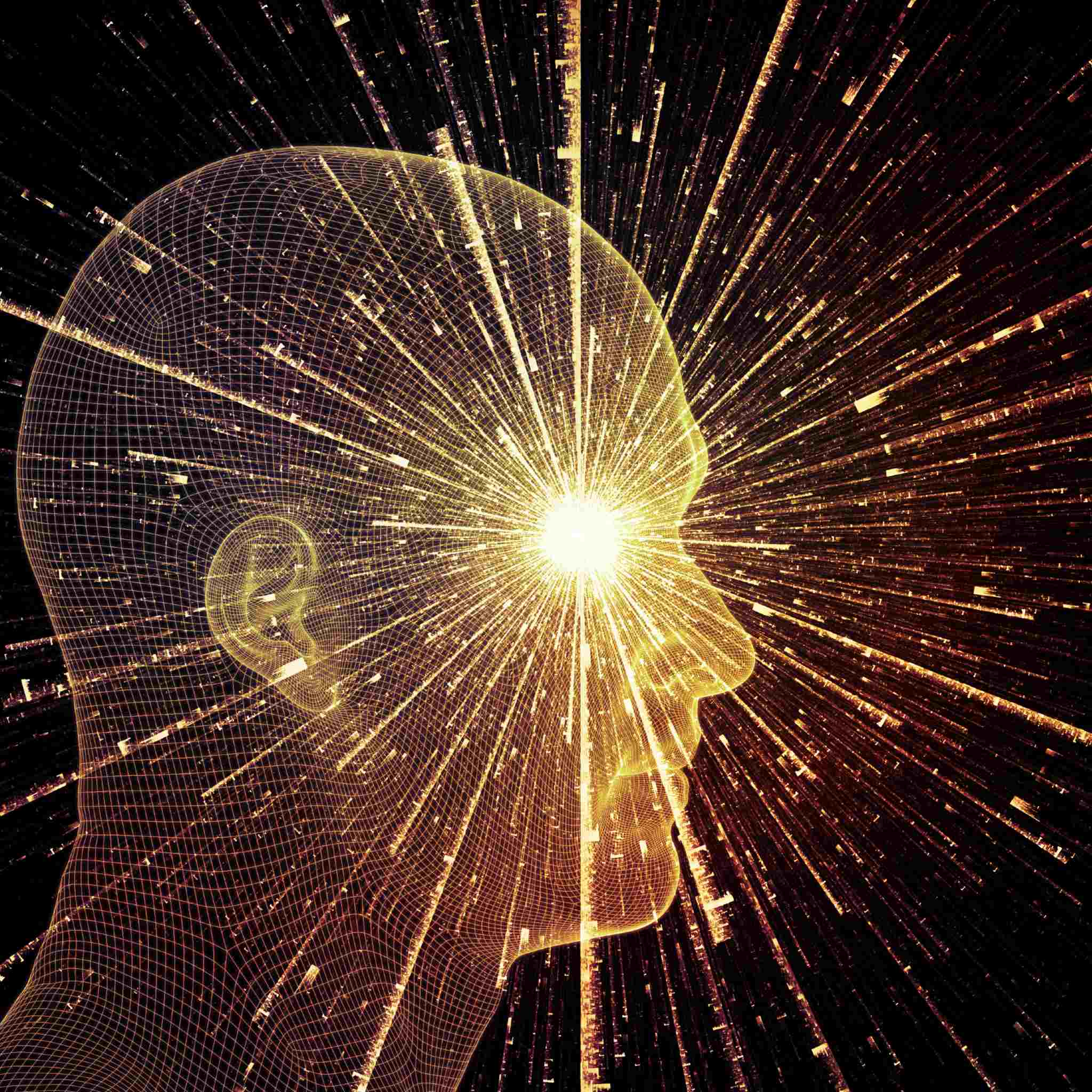 A side profile silhouette of a human head, rendered as a glowing, gold-orange wire mesh on a dark background. A brilliant burst of light and streaking rays radiates outward from the centre of the forehead (the third eye), symbolising the clearing of energy blockages through a focused treatment.