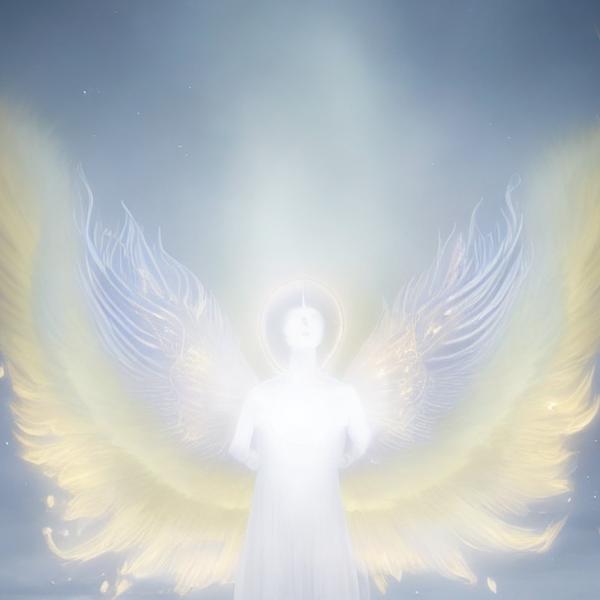 A vertically framed image of a bright, glowing, all-white angelic figure with large, ethereal yellow-gold wings spread wide against a soft, light blue sky. The figure represents Archangel Raziel, whose presence is invoked for integration and the third eye chakra activation.