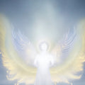 Glowing, all-white angelic figure with large, ethereal yellow-gold wings representing Archangel Raziel.