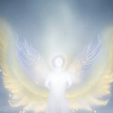 Glowing, all-white angelic figure with large, ethereal yellow-gold wings representing Archangel Raziel.