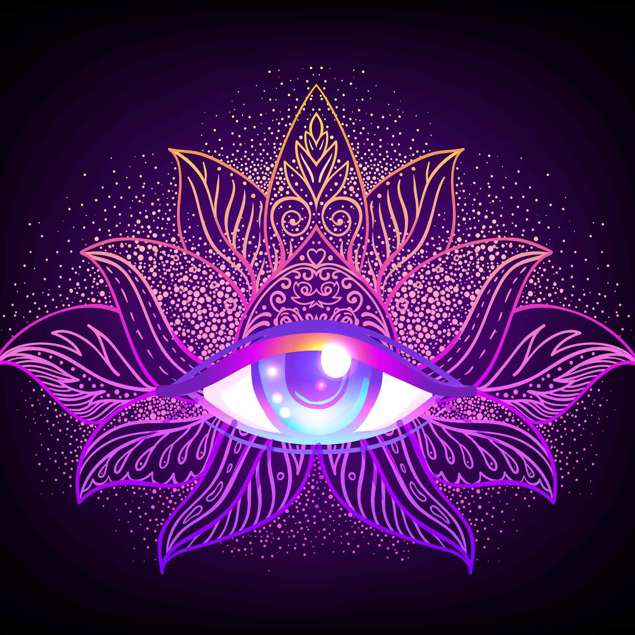 A highly stylised, vibrant vector illustration of a detailed human eye centrally positioned on a dark background. The eye has a bright, glowing purple iris and is set upon a multi-petalled, ornamental lotus flower design, all rendered in neon shades of pink, purple, and gold, representing the third eye chakra.