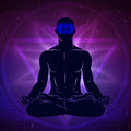 A silhouette of a meditating figure with the blue third eye chakra symbol on their forehead, against a cosmic purple violet flame background, representing third eye chakra violet flame spiritual integration.