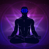 A silhouette of a meditating figure with the blue third eye chakra symbol on their forehead, against a cosmic purple violet flame background, representing third eye chakra violet flame spiritual integration.