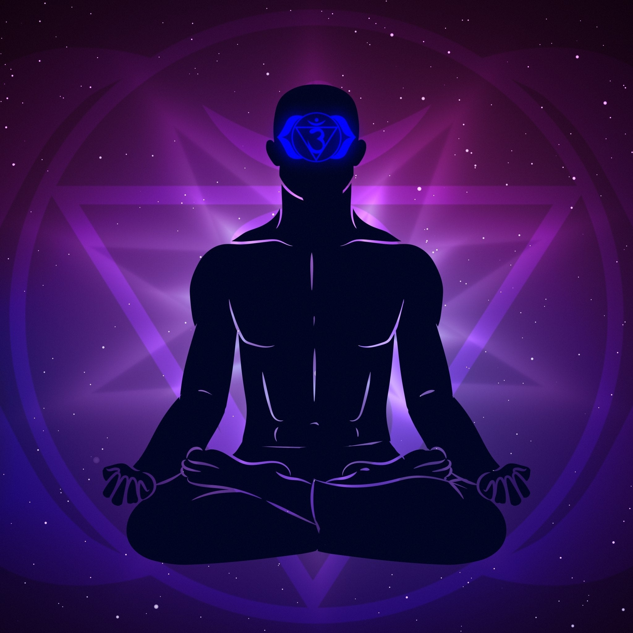 A silhouette of a meditating figure with the blue third eye chakra symbol on their forehead, against a cosmic purple violet flame background, representing third eye chakra violet flame spiritual integration.