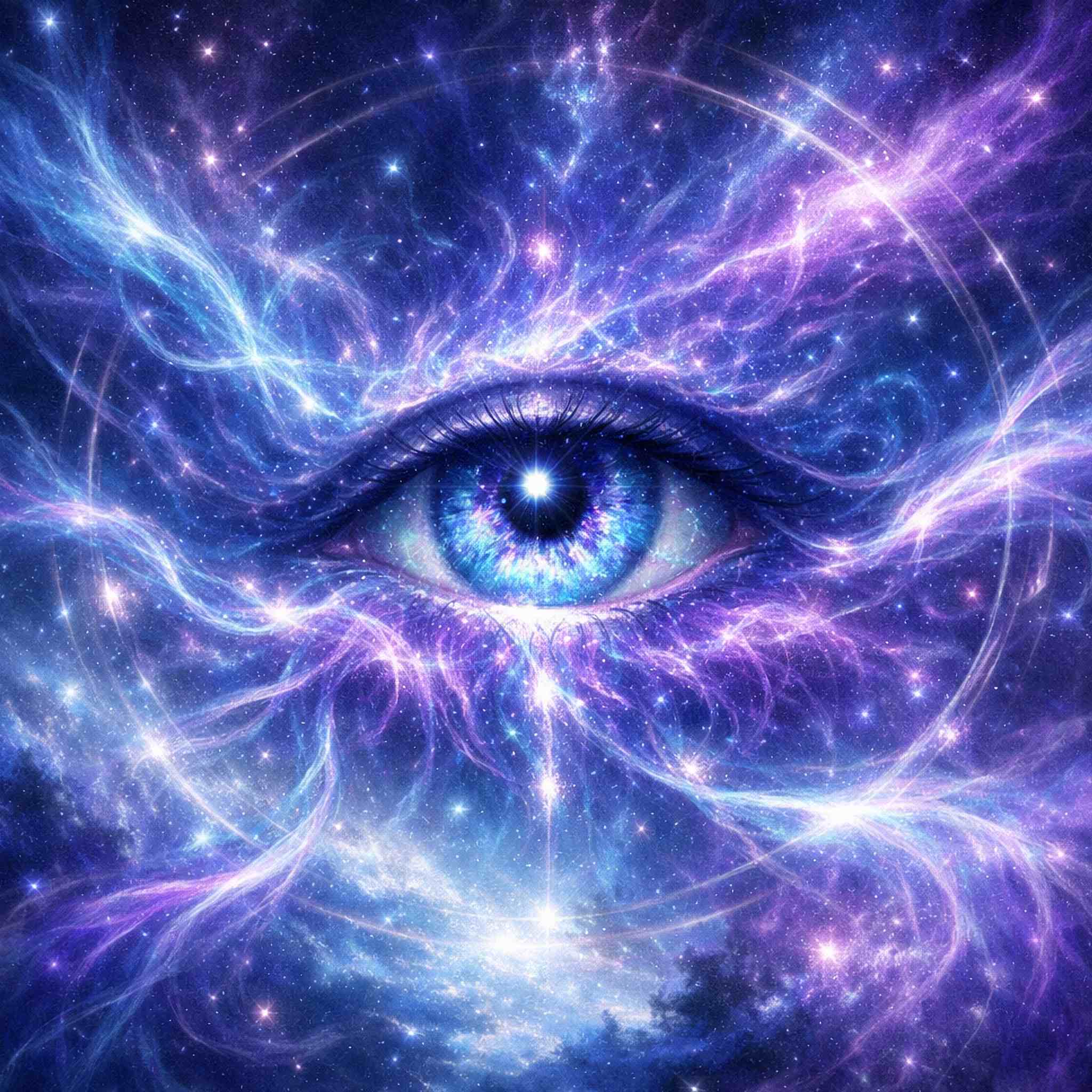 Ethereal third eye design with swirling cosmic patterns in blue and purple.