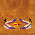 Egyptian art of two winged figures representing the Goddess Aset (Isis) framing the Eye of Horus, suggesting a third eye activation.