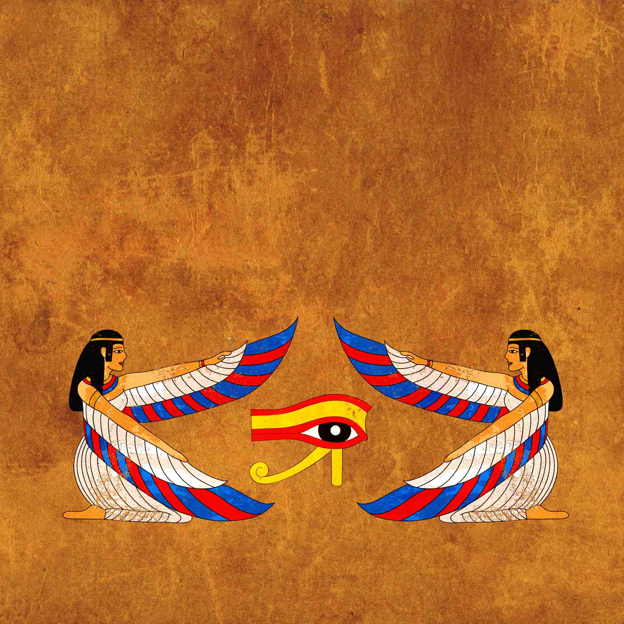 Egyptian art of two winged figures representing the Goddess Aset (Isis) framing the Eye of Horus, suggesting a third eye activation.
