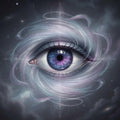 Artistic depiction of a third eye with swirling patterns on silver background.