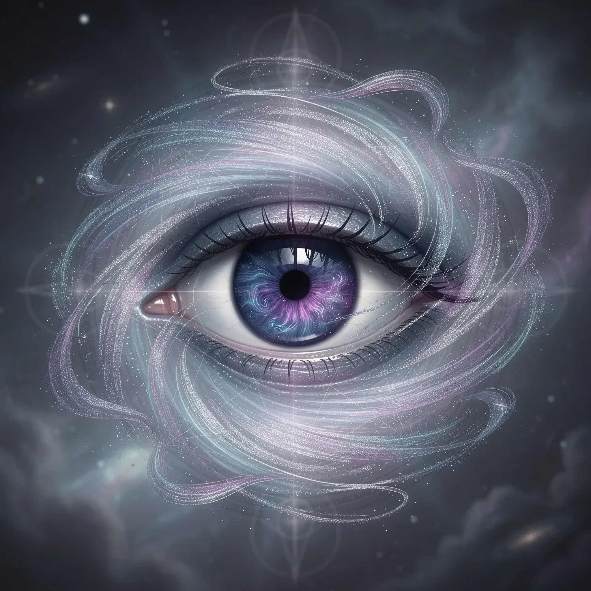 Artistic depiction of a third eye with swirling patterns on silver background.