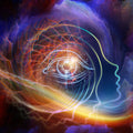 An outline of a human head and an illuminated third eye within a swirl of colourful mystical energy and glowing lines, representing third eye life force enhancement.