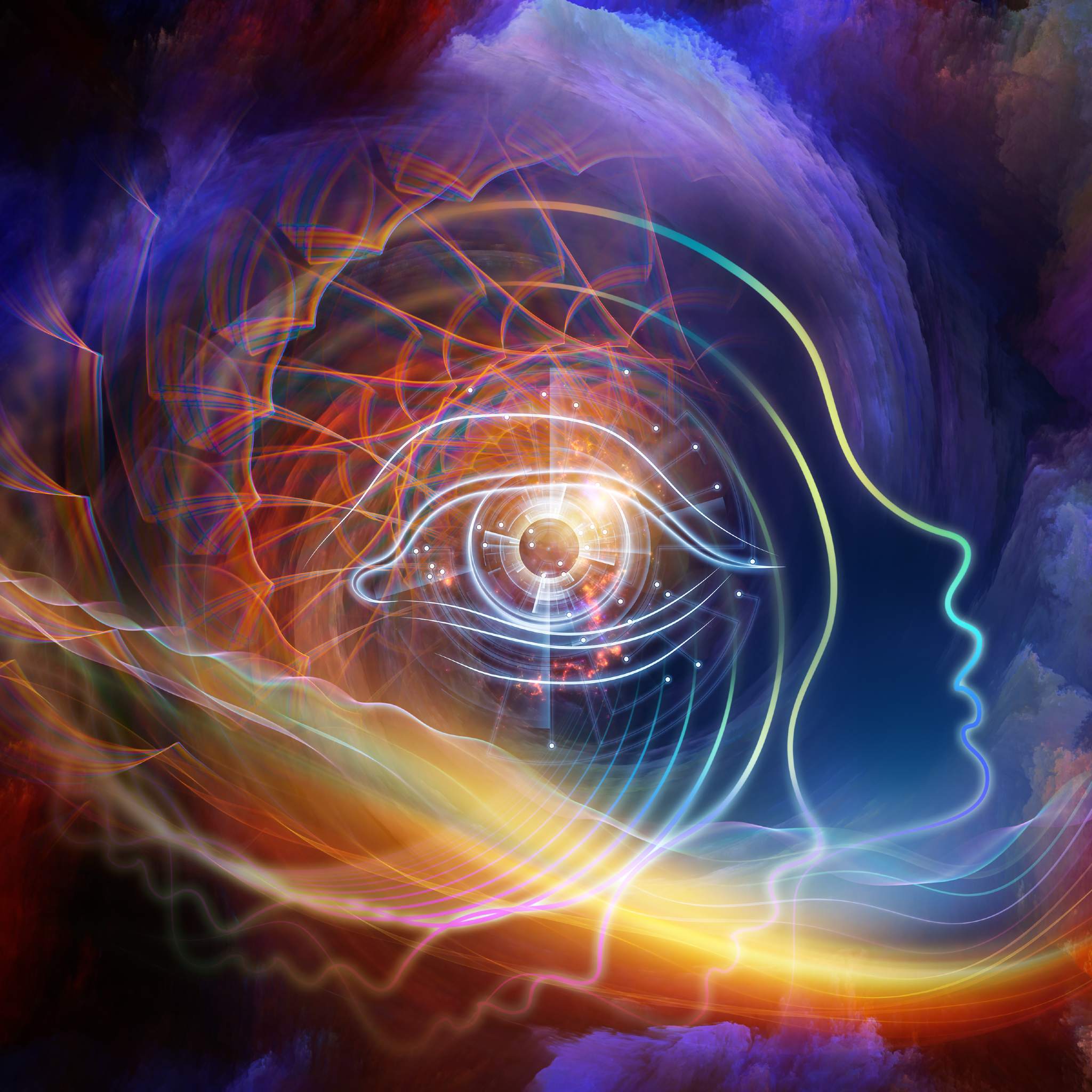 An outline of a human head and an illuminated third eye within a swirl of colourful mystical energy and glowing lines, representing third eye life force enhancement.
