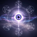 Sacred geometry and blueprint with a third eye in the centre on a dark background.