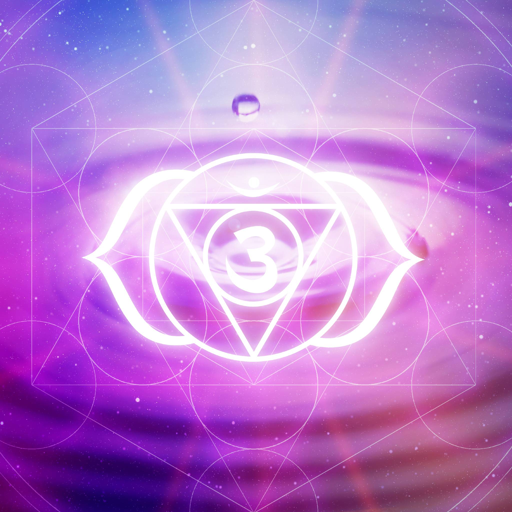 A digital illustration of the glowing white outline of the Third Eye chakra symbol, containing a triangular shape with the number 3 inside, overlaid on a swirling purple and blue background. The overall scene, which includes subtle geometric patterns.