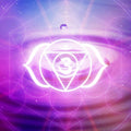 Sacred geometry and Third Eye chakra symbol design on a purple and pink gradient background.