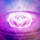 Sacred geometry and Third Eye chakra symbol design on a purple and pink gradient background.