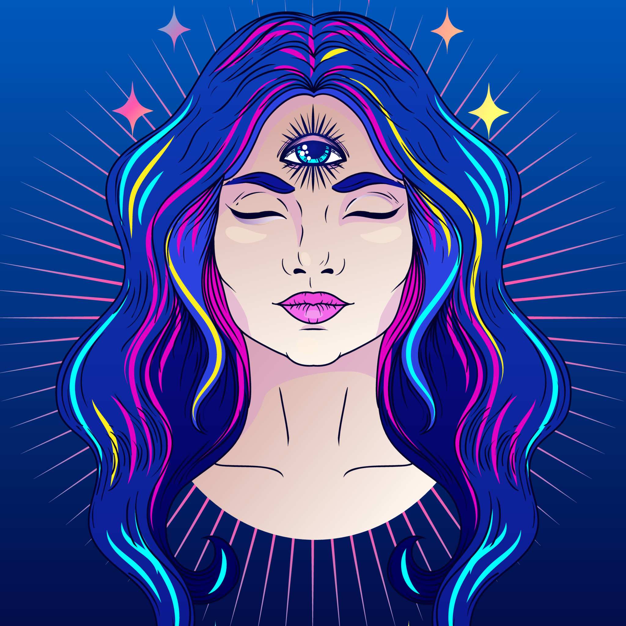 A neon-coloured illustration of a woman with closed eyes and long, flowing blue hair highlighted with streaks of pink, yellow, and cyan. A glowing, all-seeing eye is prominently featured on her forehead, symbolising the third eye opening, with light rays.