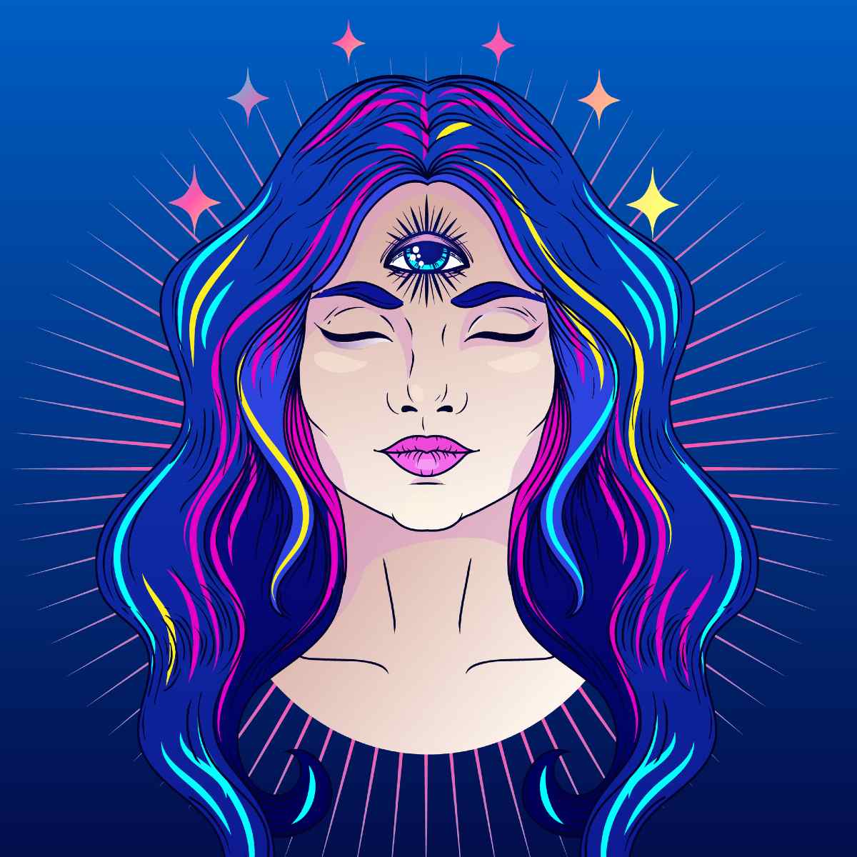 Illustration of a woman with colourful hair and an open third eye against a blue background.