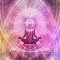 A meditating silhouette against a glowing pink and purple mandala, symbolising third eye enhancement.