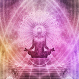 A meditating silhouette against a glowing pink and purple mandala, symbolising third eye enhancement.