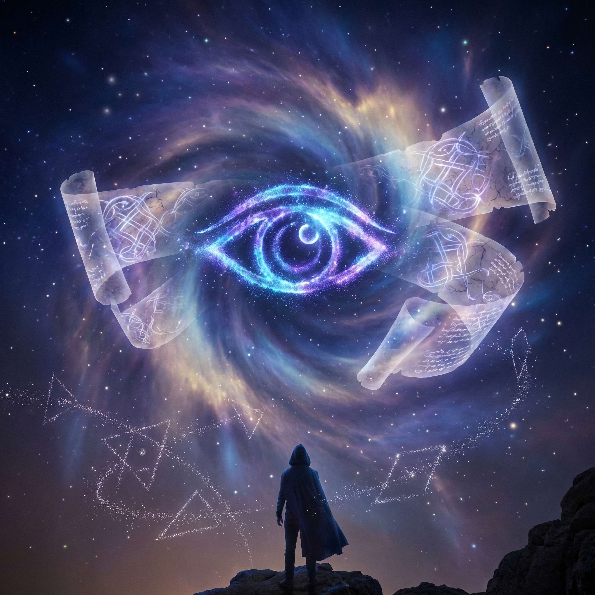 Person standing on a rocky outcrop with a third eye and soul contracts integrated in the sky.