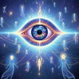 Large third eye surrounded by spirit guides and angelic figures on a dark blue background.