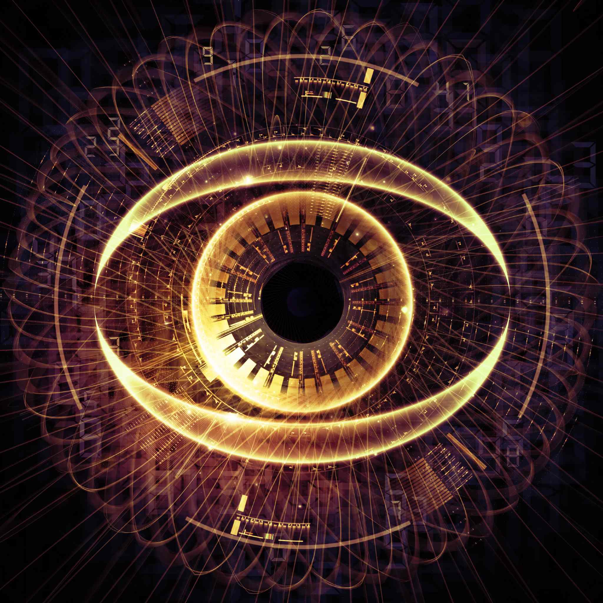 An elaborate, glowing digital illustration of an eye, symbolising the third eye, set against a dark background. The eye is composed of intricate golden-orange rings, lines, and subtle technological elements.