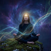 A person with a third eye meditating on a rocky outcrop with a cosmic background.
