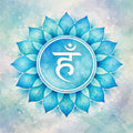 Blue Throat Chakra (Vishuddha) with a white symbol on a light blue background.